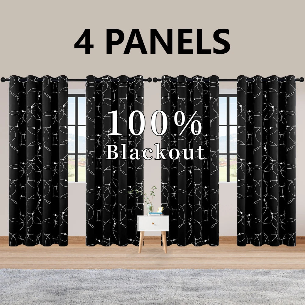 4PCSBlackout Curtains Grommet Thermal Insulated Room Darkening With Circle And Dots Foil Printed For Bedroom