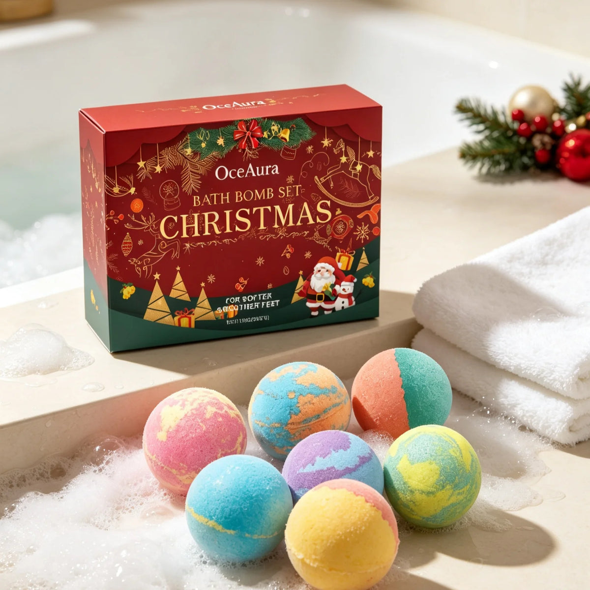 OceAura Christmas Bath Spheres Deep Nourishing Skin Gentle Removing Skin Dirt Long Lasting Fragrance Releasing Festive Bath Set