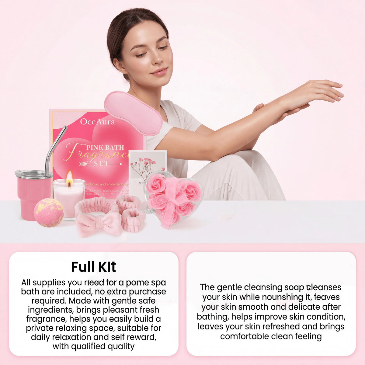 Pink Bath Aromatherapy Set Relaxing Spa Gift Kit Aromatherapy Candle Bath Fizzies Sensory Relaxation Skin Softening Moisturizing Home Fragrance Set