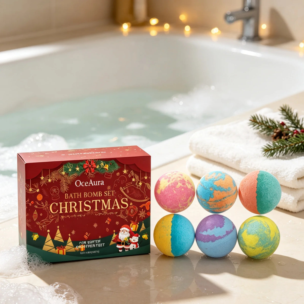 OceAura Christmas Bath Spheres Deep Nourishing Skin Gentle Removing Skin Dirt Long Lasting Fragrance Releasing Festive Bath Set