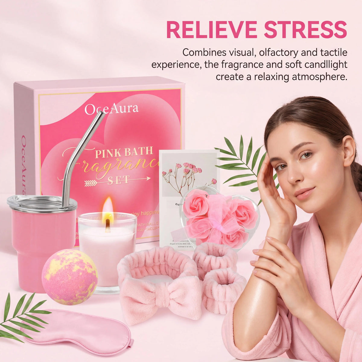 Pink Bath Aromatherapy Set Relaxing Spa Gift Kit Aromatherapy Candle Bath Fizzies Sensory Relaxation Skin Softening Moisturizing Home Fragrance Set