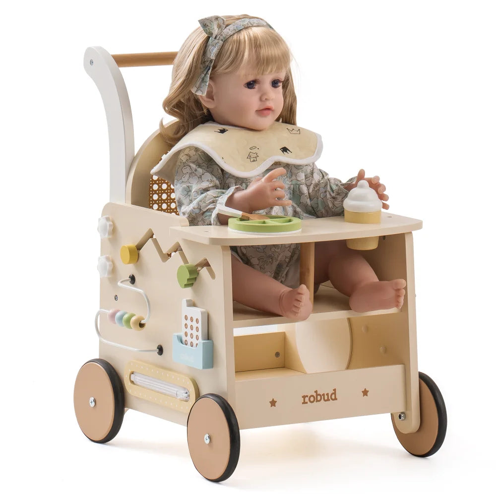 Robud Wooden Push Walker Toy Doll Pram Style Learning Walker with Storage Activity Play Panel for Toddlers