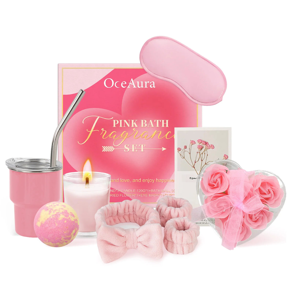 Pink Bath Aromatherapy Set Relaxing Spa Gift Kit Aromatherapy Candle Bath Fizzies Sensory Relaxation Skin Softening Moisturizing Home Fragrance Set