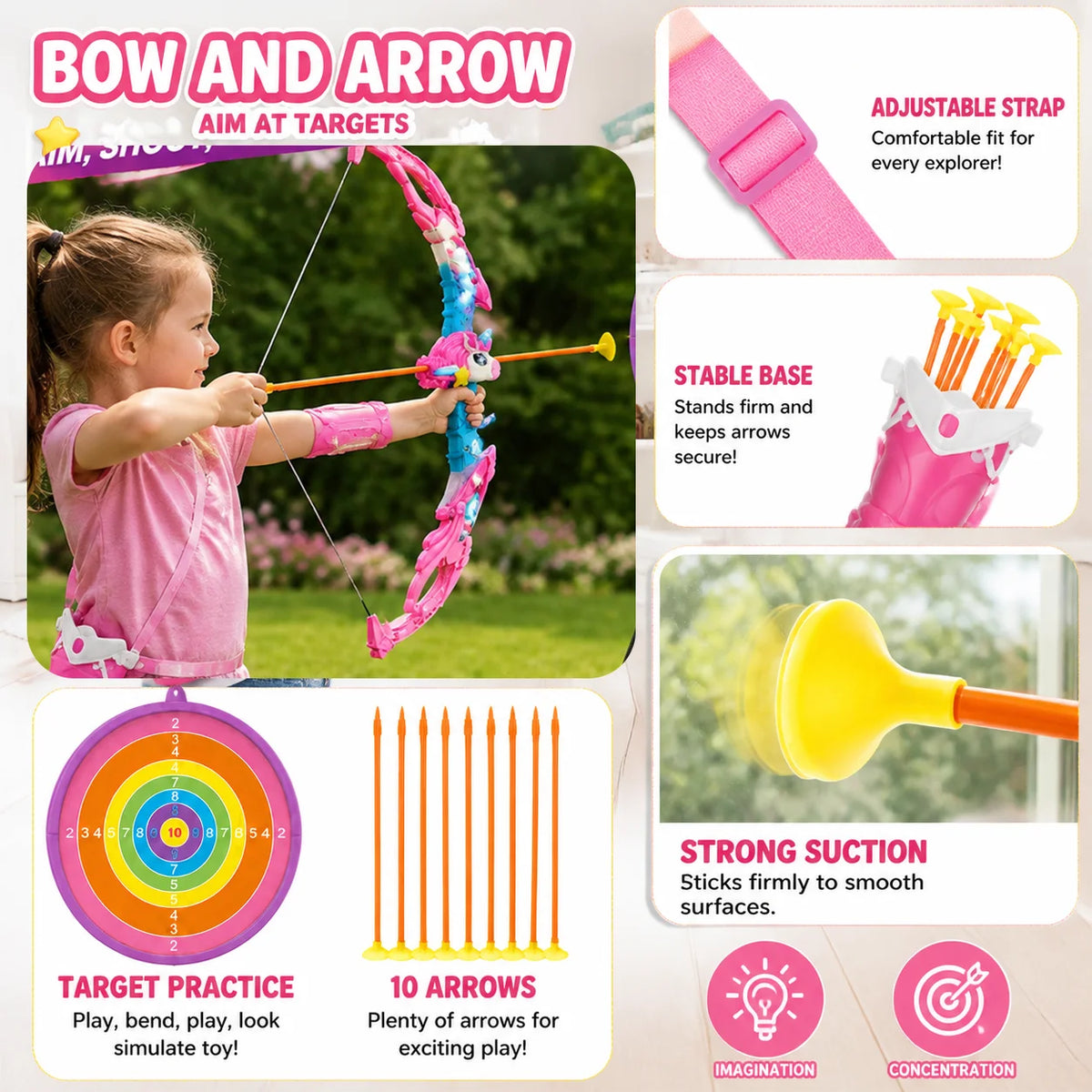 Unicorn Bow and Arrow Set for Kids LED Light Up Archery Toy with Target Board 10 Suction Cup Arrows Indoor Outdoor Activity Game Birthday Gift for Girls