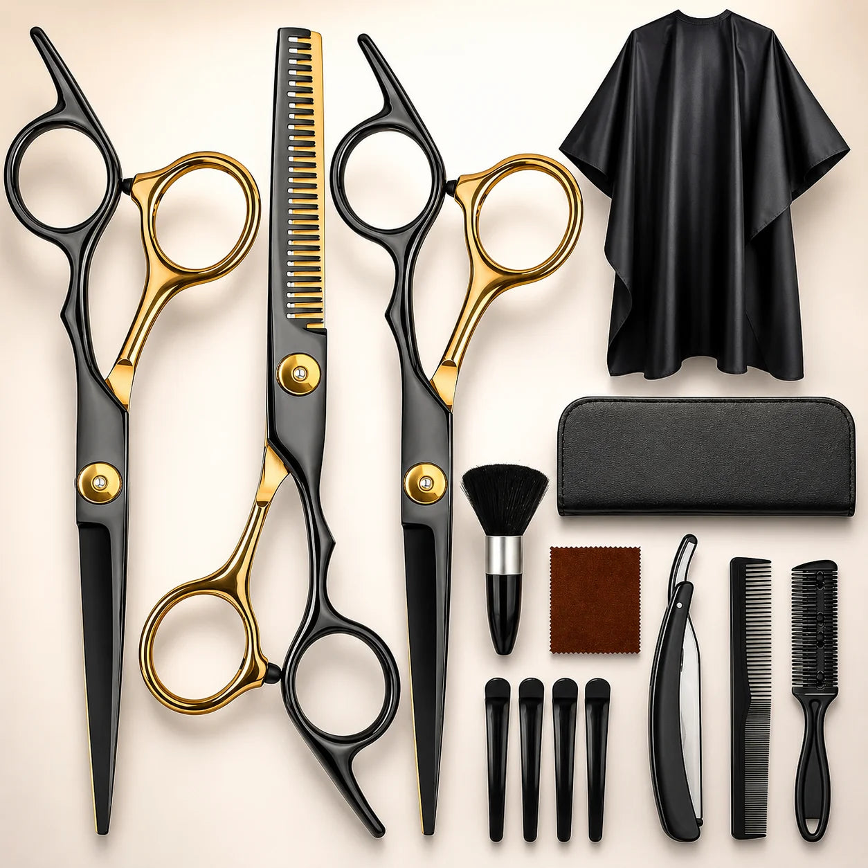 Professional Hair Cutting Scissors Set Black Gold Salon Shears with Thinning Scissors Barber Cape Combs Razor Clips Brush Pouch Kit for Hair Styling and Grooming
