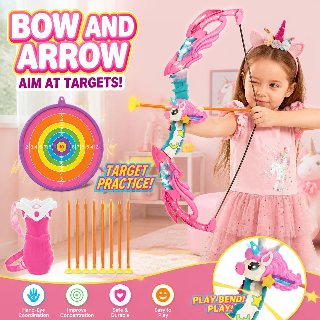 Unicorn Bow and Arrow Set for Kids LED Light Up Archery Toy with Target Board 10 Suction Cup Arrows Indoor Outdoor Activity Game Birthday Gift for Girls