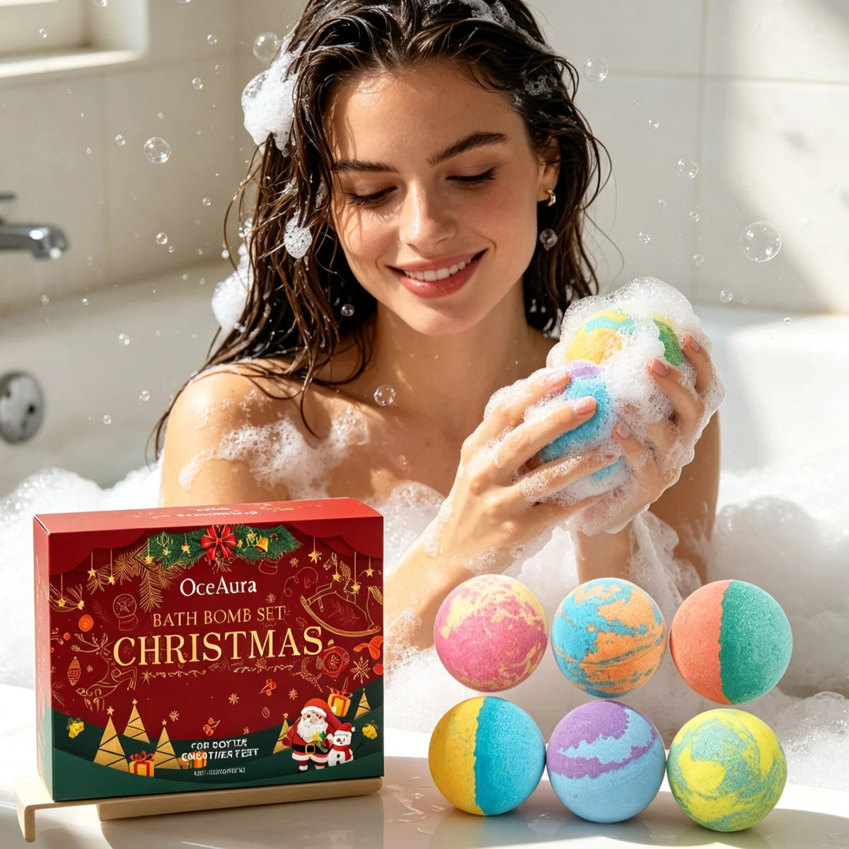 OceAura Christmas Bath Spheres Deep Nourishing Skin Gentle Removing Skin Dirt Long Lasting Fragrance Releasing Festive Bath Set