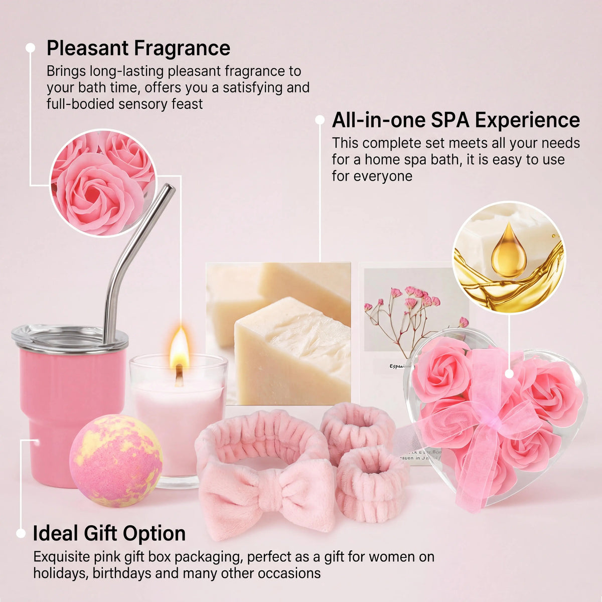 Pink Bath Aromatherapy Set Relaxing Spa Gift Kit Aromatherapy Candle Bath Fizzies Sensory Relaxation Skin Softening Moisturizing Home Fragrance Set