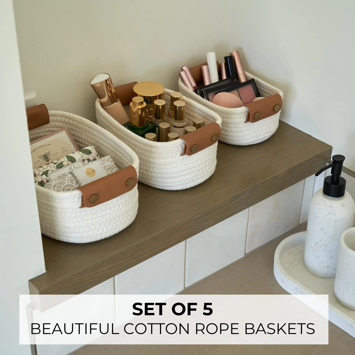 Beautiful Storage Basket Set Of 5 - Sturdy Rope Baskets for Shelves Are Perfect for Organizing Your Home - Quality Storage Bins Easily Fit with Bedroom Decor, Shelf Baskets