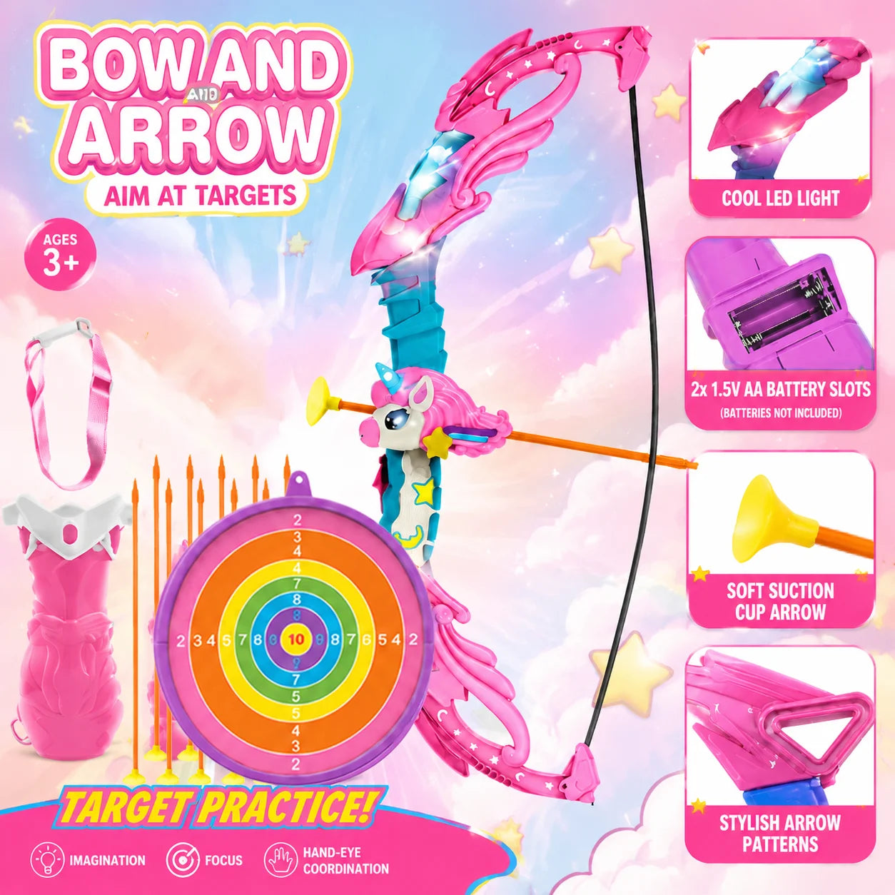 Unicorn Bow and Arrow Set for Kids LED Light Up Archery Toy with Target Board 10 Suction Cup Arrows Indoor Outdoor Activity Game Birthday Gift for Girls