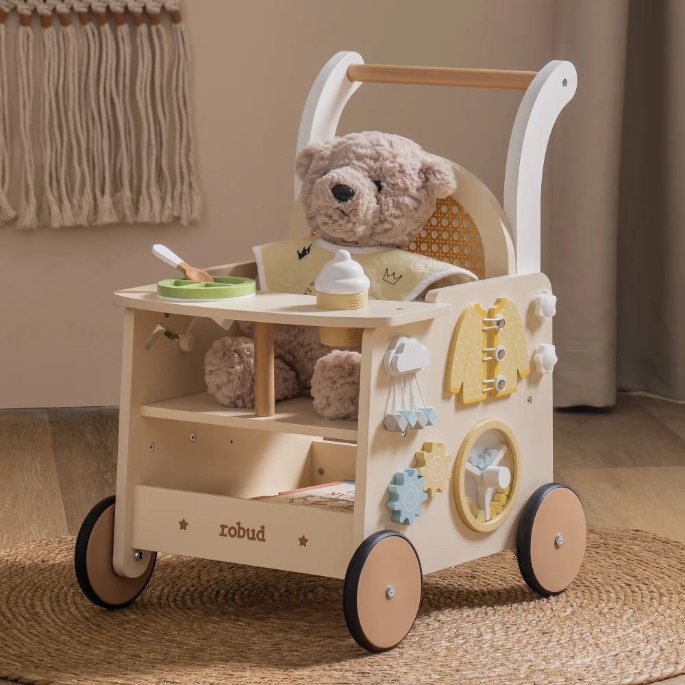 Robud Wooden Push Walker Toy Doll Pram Style Learning Walker with Storage Activity Play Panel for Toddlers