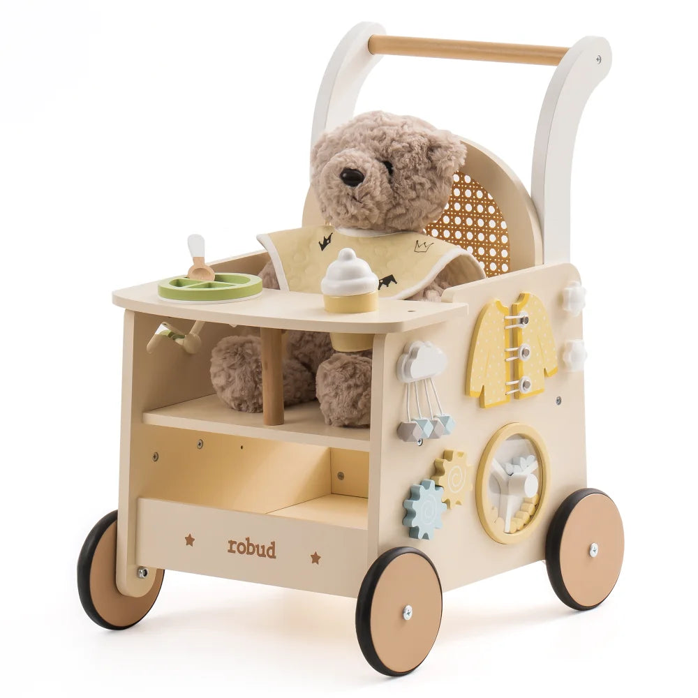 Robud Wooden Push Walker Toy Doll Pram Style Learning Walker with Storage Activity Play Panel for Toddlers