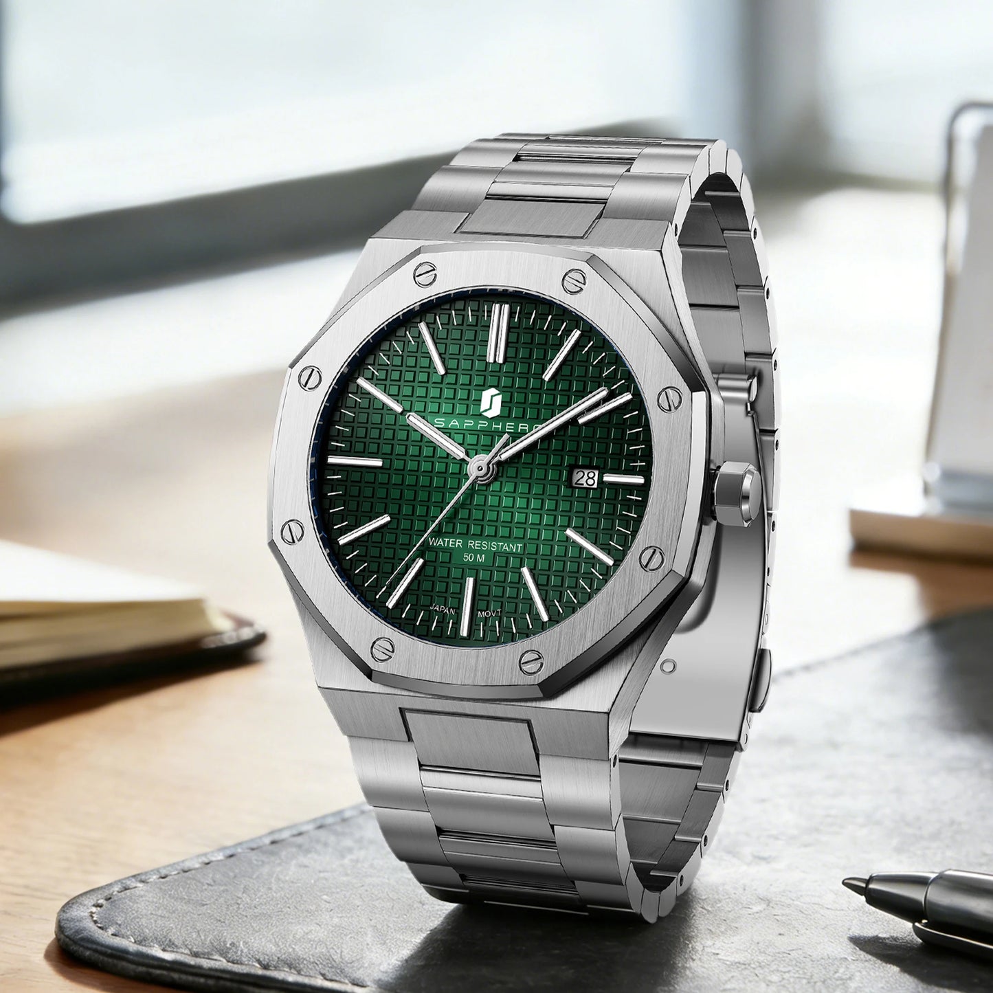 SAPPHERO Men Analog Watch Stainless Steel Quartz Movement Date Display 50M Waterproof Classic Business Casual Wristwatch Gift