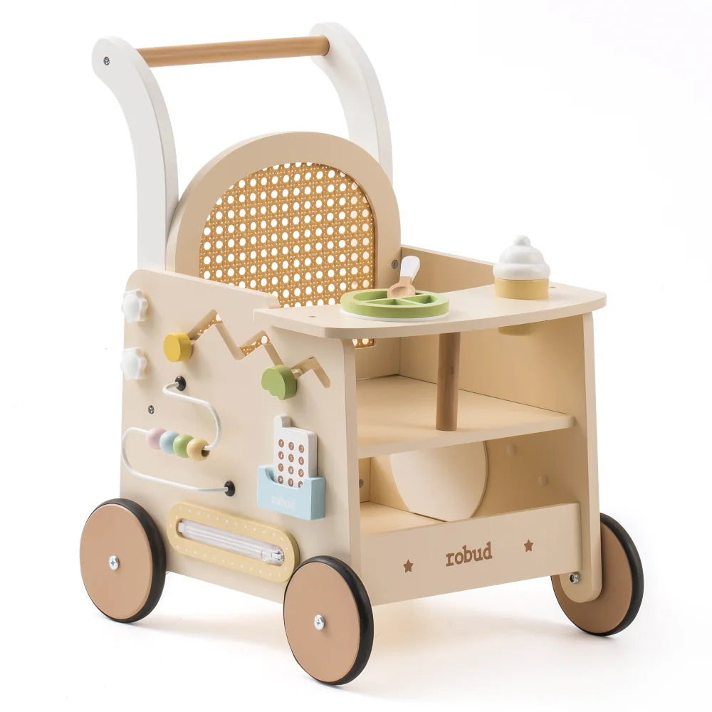 Robud Wooden Push Walker Toy Doll Pram Style Learning Walker with Storage Activity Play Panel for Toddlers