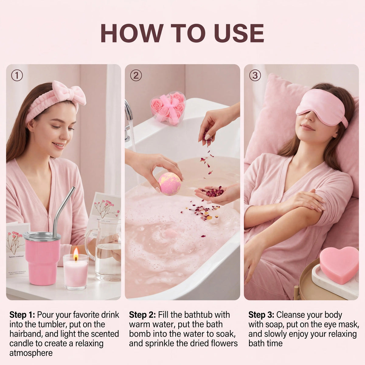 Pink Bath Aromatherapy Set Relaxing Spa Gift Kit Aromatherapy Candle Bath Fizzies Sensory Relaxation Skin Softening Moisturizing Home Fragrance Set