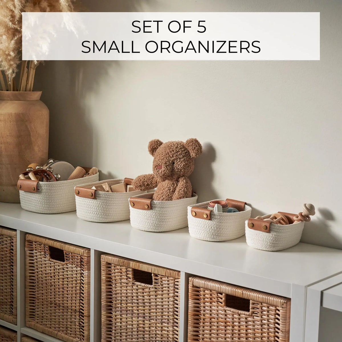 Beautiful Storage Basket Set Of 5 - Sturdy Rope Baskets for Shelves Are Perfect for Organizing Your Home - Quality Storage Bins Easily Fit with Bedroom Decor, Shelf Baskets