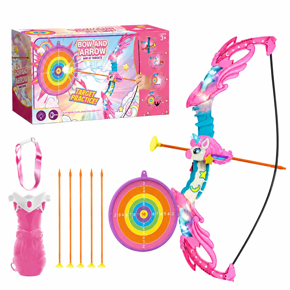 Unicorn Bow and Arrow Set for Kids LED Light Up Archery Toy with Target Board 10 Suction Cup Arrows Indoor Outdoor Activity Game Birthday Gift for Girls