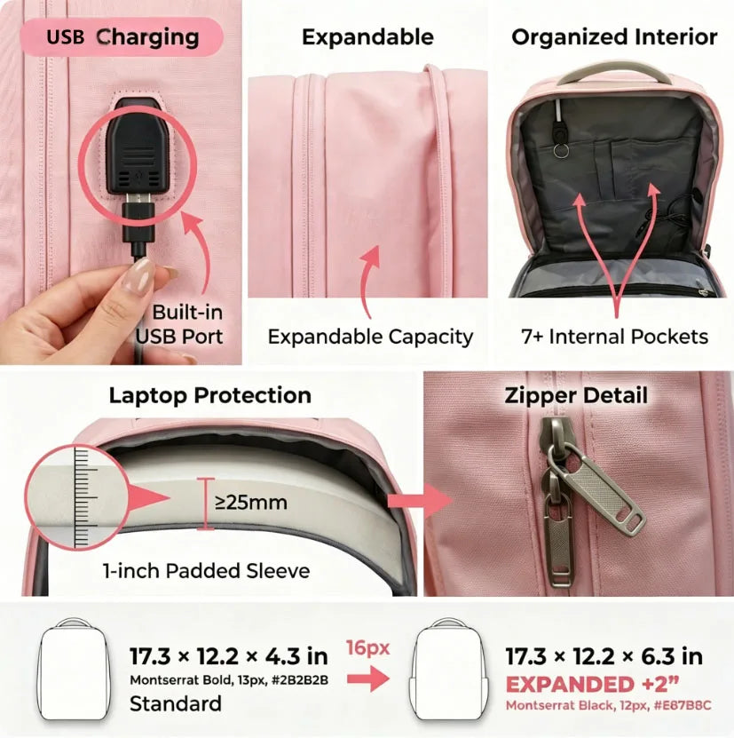 Tolife Premium Expandable Travel Backpack for Women, Large Capacity Carry‑on Laptop Backpack with USB Charging Port, Water‑Resistant Multi‑Compartment Business Weekender Bag for Work, Trip & Daily Commute