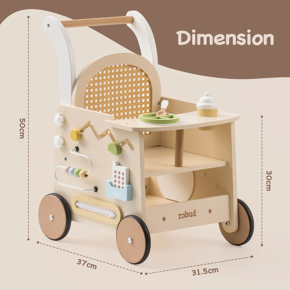 Robud Wooden Push Walker Toy Doll Pram Style Learning Walker with Storage Activity Play Panel for Toddlers