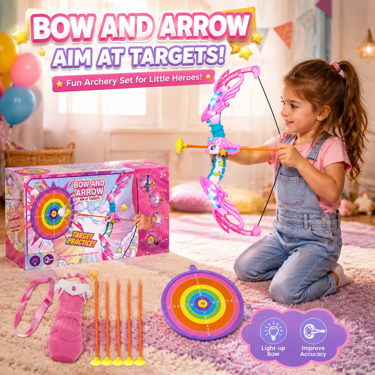 Unicorn Bow and Arrow Set for Kids LED Light Up Archery Toy with Target Board 10 Suction Cup Arrows Indoor Outdoor Activity Game Birthday Gift for Girls