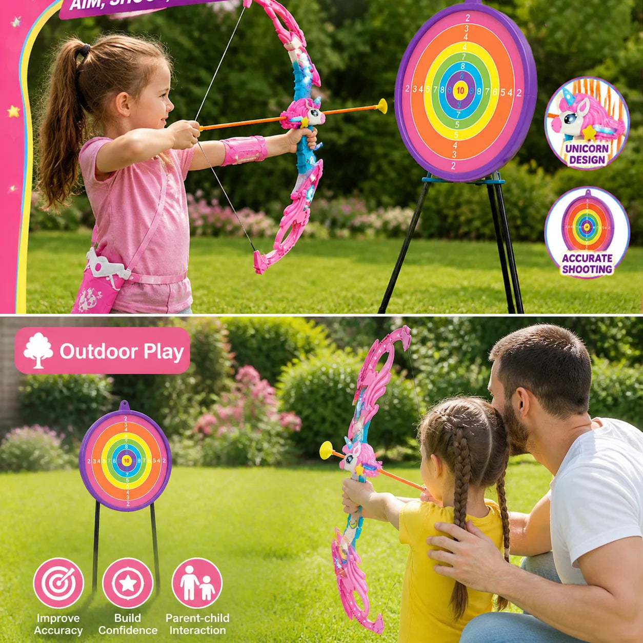 Unicorn Bow and Arrow Set for Kids LED Light Up Archery Toy with Target Board 10 Suction Cup Arrows Indoor Outdoor Activity Game Birthday Gift for Girls