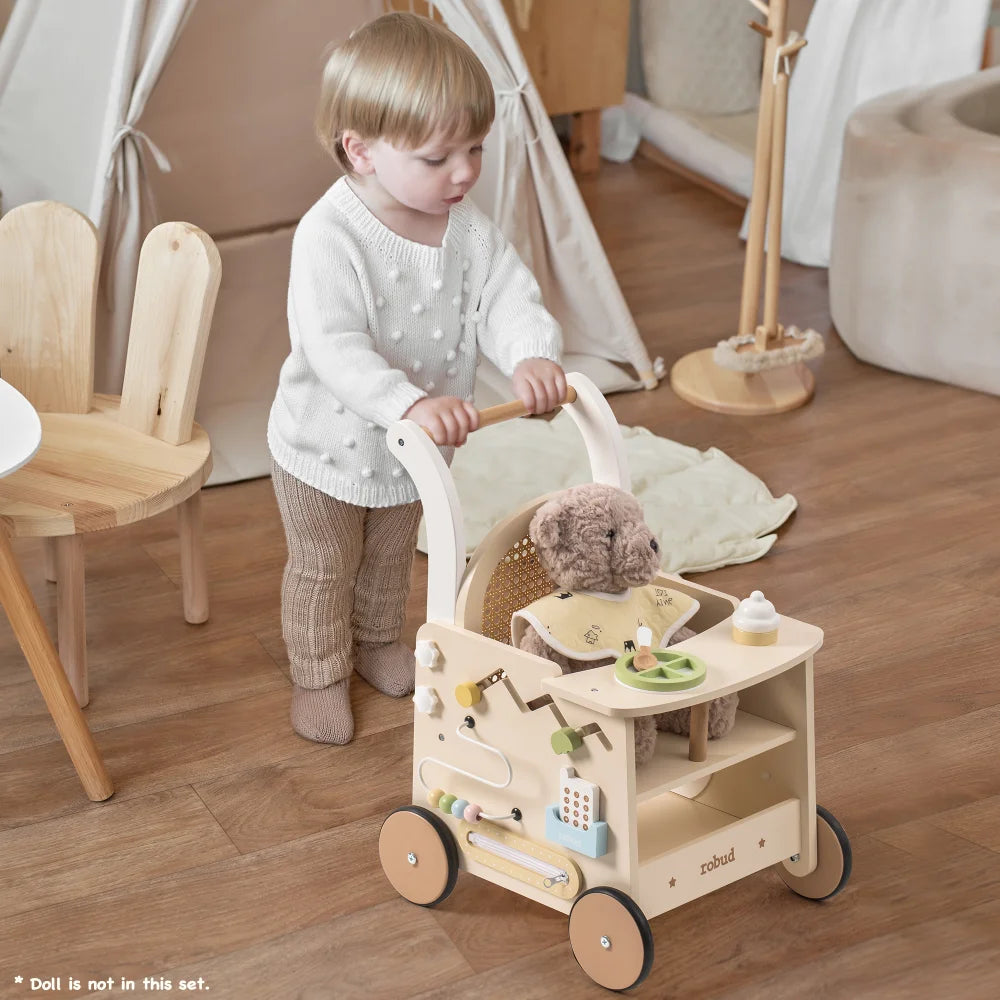 Robud Wooden Push Walker Toy Doll Pram Style Learning Walker with Storage Activity Play Panel for Toddlers