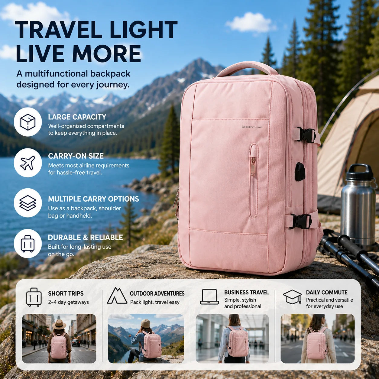 Tolife Premium Expandable Travel Backpack for Women, Large Capacity Carry‑on Laptop Backpack with USB Charging Port, Water‑Resistant Multi‑Compartment Business Weekender Bag for Work, Trip & Daily Commute