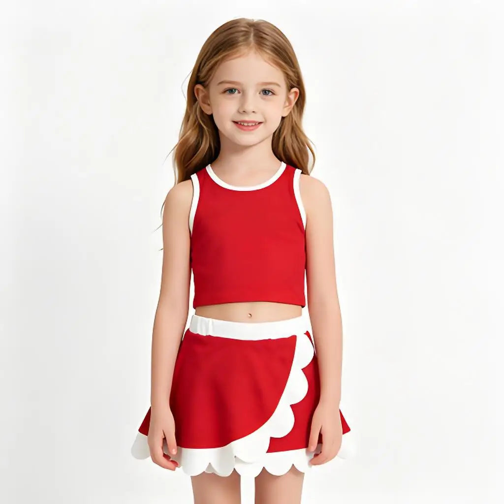 Girls Sleeveless Scallop Active Wear Set Cotton Polyester