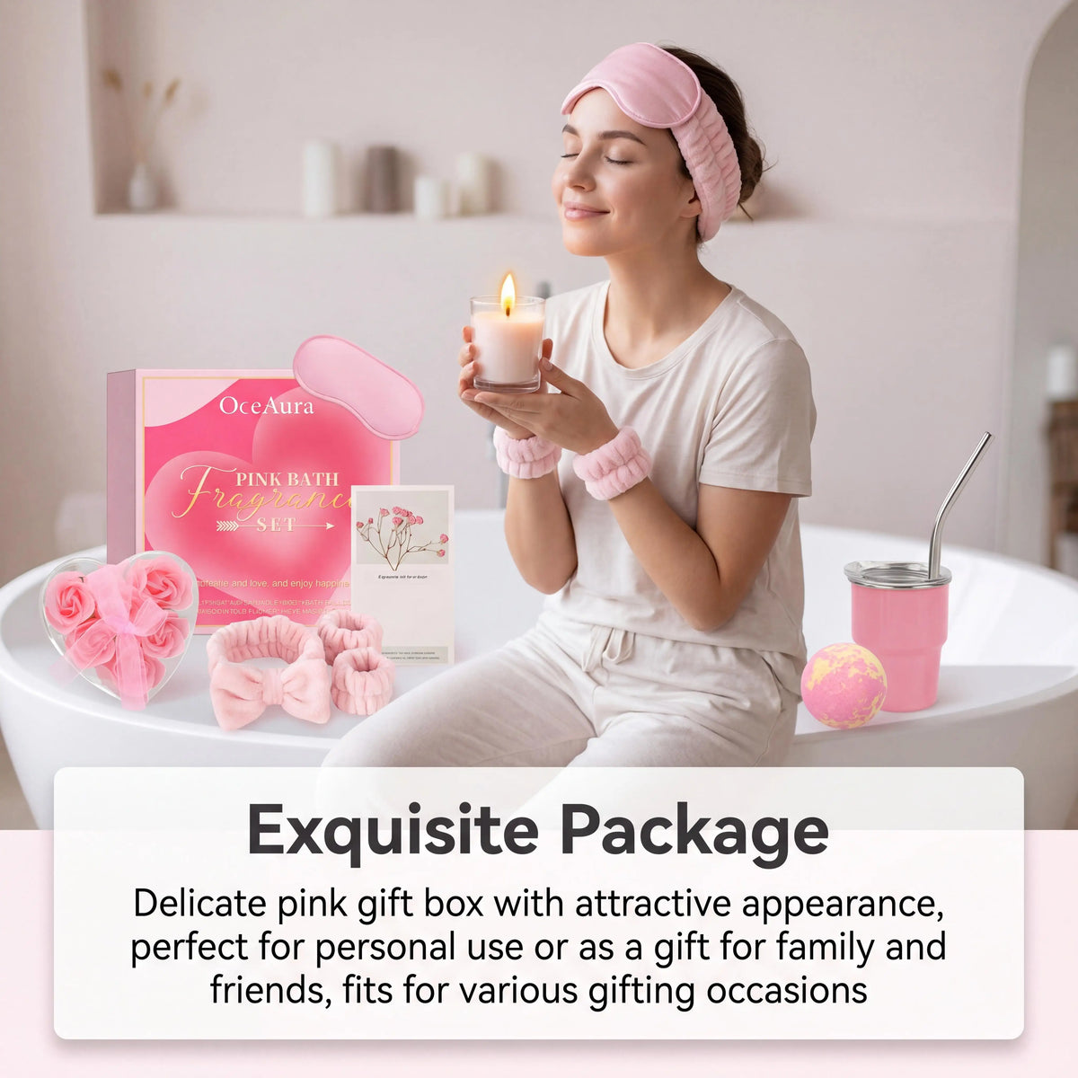 Pink Bath Aromatherapy Set Relaxing Spa Gift Kit Aromatherapy Candle Bath Fizzies Sensory Relaxation Skin Softening Moisturizing Home Fragrance Set