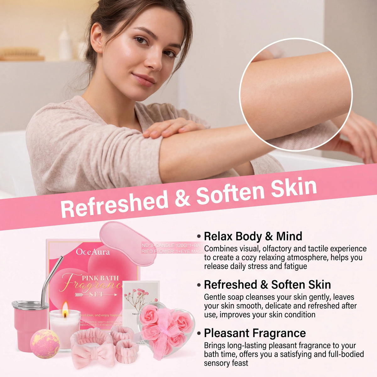 Pink Bath Aromatherapy Set Relaxing Spa Gift Kit Aromatherapy Candle Bath Fizzies Sensory Relaxation Skin Softening Moisturizing Home Fragrance Set
