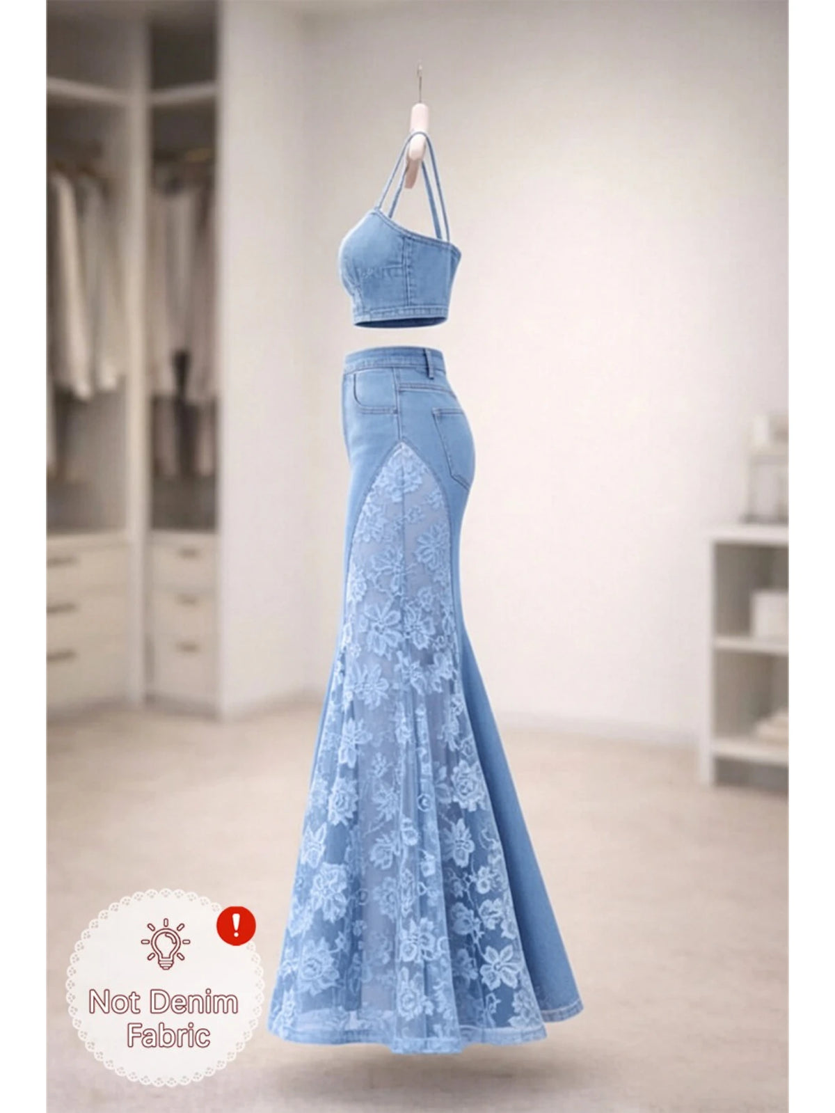 Women Spaghetti Strap Crop Top And High Waist Mermaid Maxi Skirt Two Piece Outfit Party Vacation Matching Suit