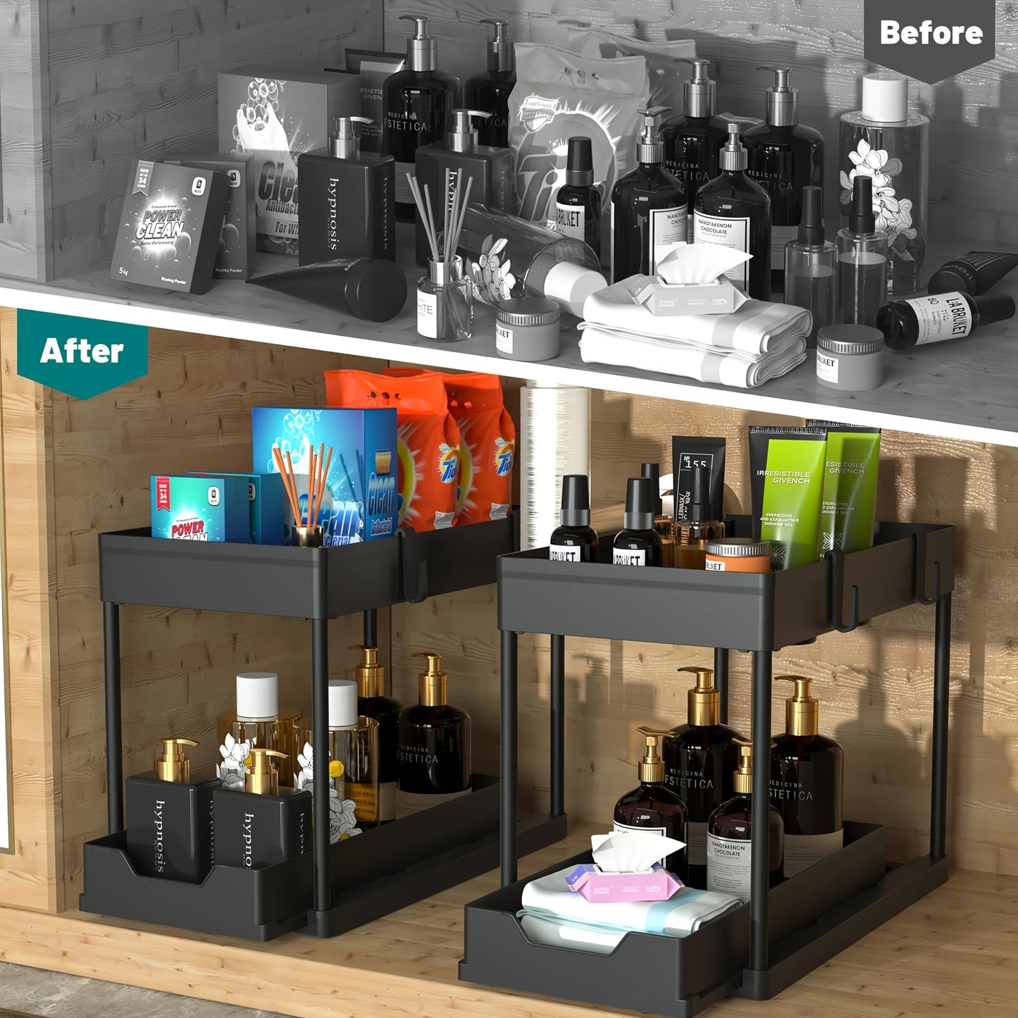 Two Tier Under Sink Sliding Cabinet Organizer Rack With Hooks