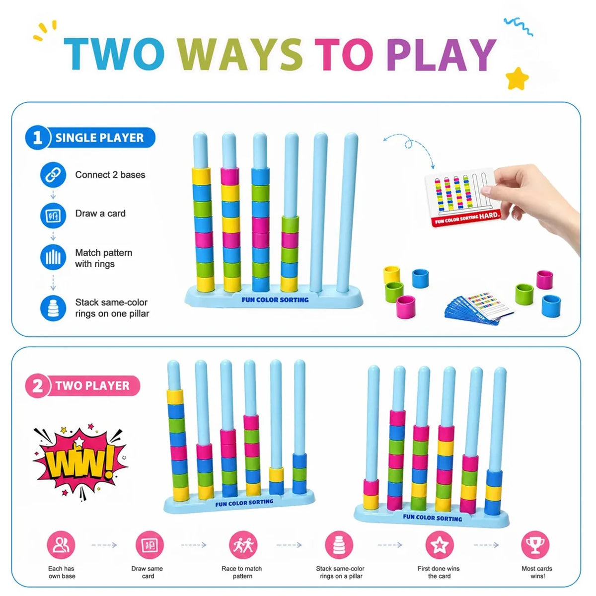 Color Stack Challenge Game 2 Pack with 50 Cards & 80 Color Rings Creative Matching Puzzle Game DIY Craft Activity Toy Gift