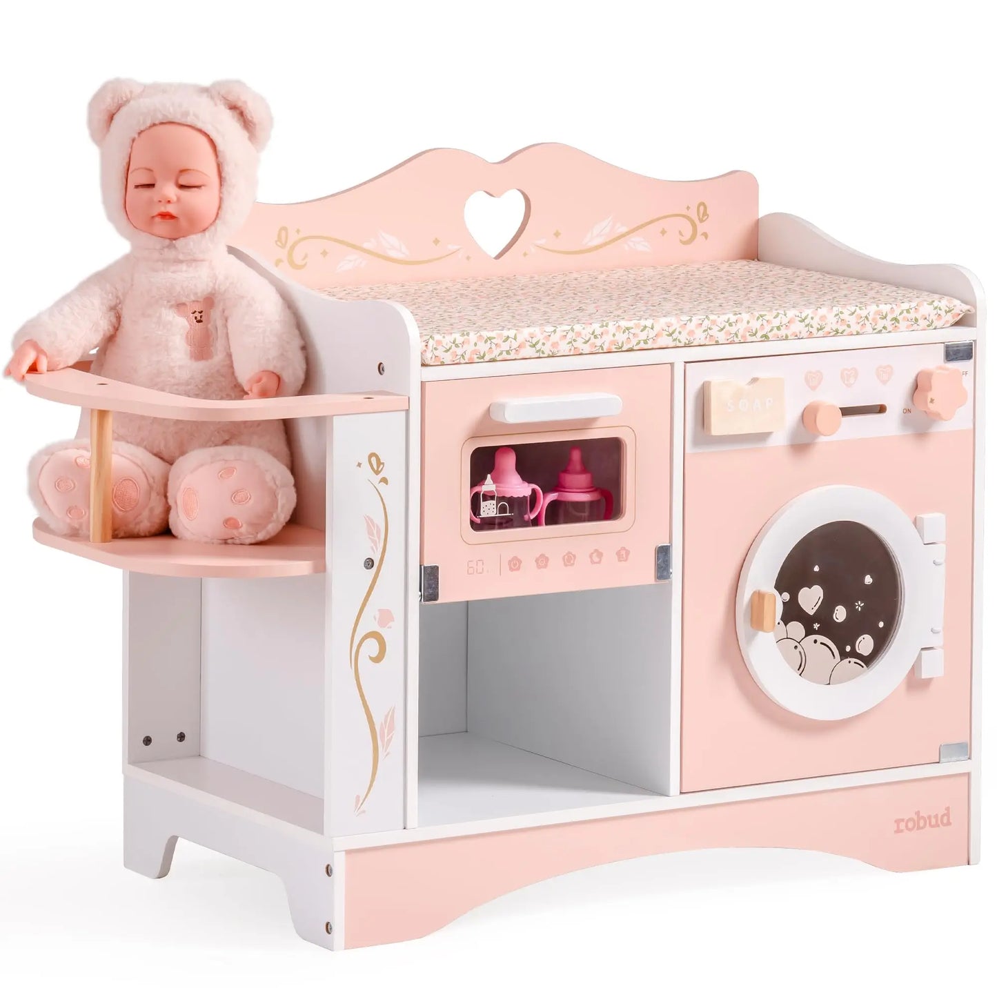 ROBUD Baby Doll Crib Pink Pretend Play Set Wooden Doll Changing Station with Seat Toy Crib Ideal Birthday Gift for Kids Age 3+