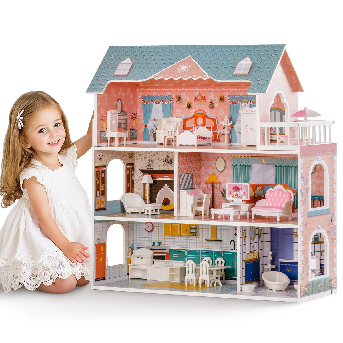 ROBUD Wooden Dollhouse 3 Story 6 Room with 31PCS Furniture Set, Kids Pretend Play Doll House Toy, Miniature House Gift for Girls Boys Age 3+