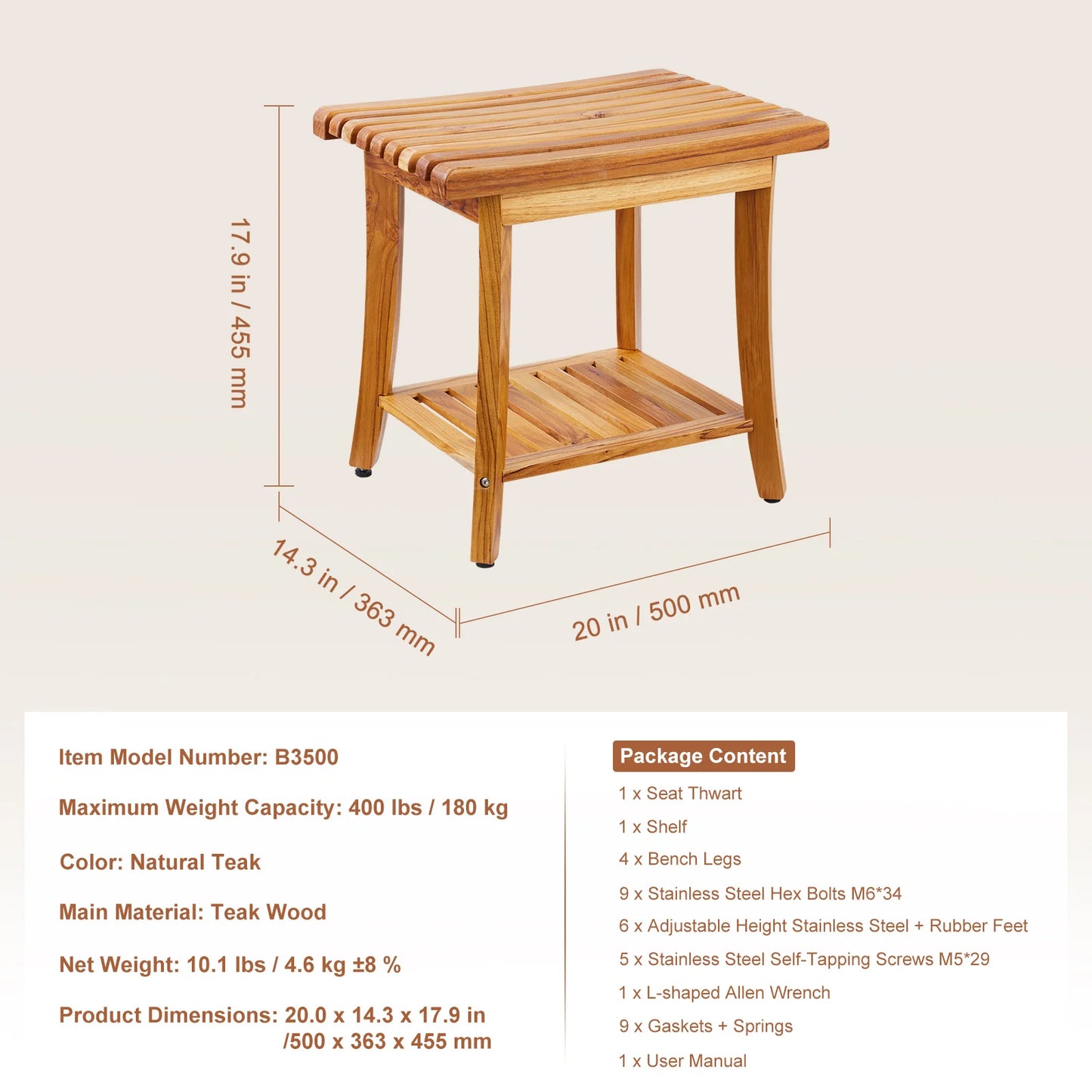 SucceBuy Bamboo Shower Bench With Storage Shelf 330lb Capacity