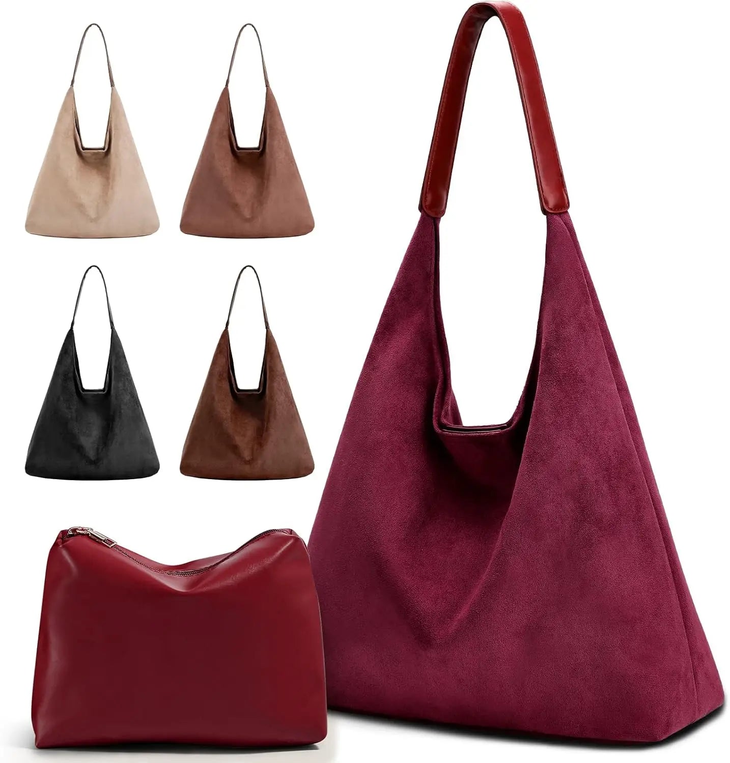 Vintage Suede Tote Bag For Women With Zippered Cosmetic Organizer