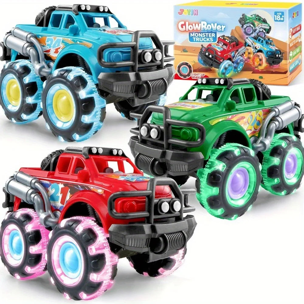 JOYFY 3Pack Kids Monster Truck Toy with Flashing LED Wheels Light-Up Cars for Toddlers Birthday Christmas Gift Friction-Powered
