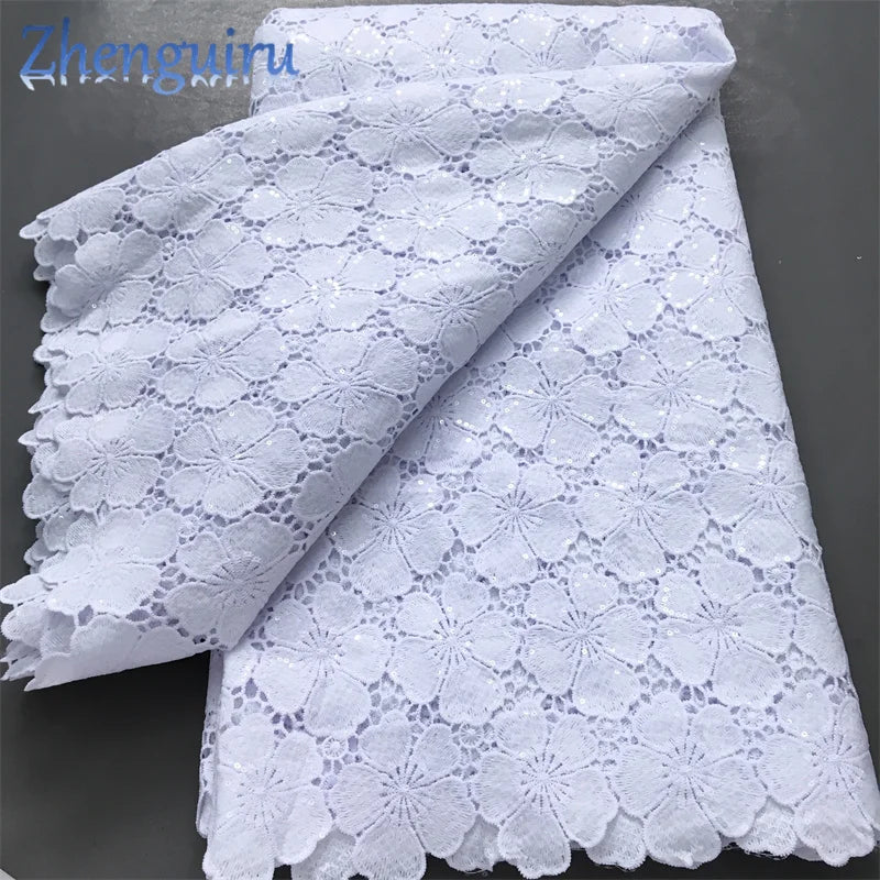 Pure White Nigerian Guipure Lace Fabric Water Soluble African Sequin Cord