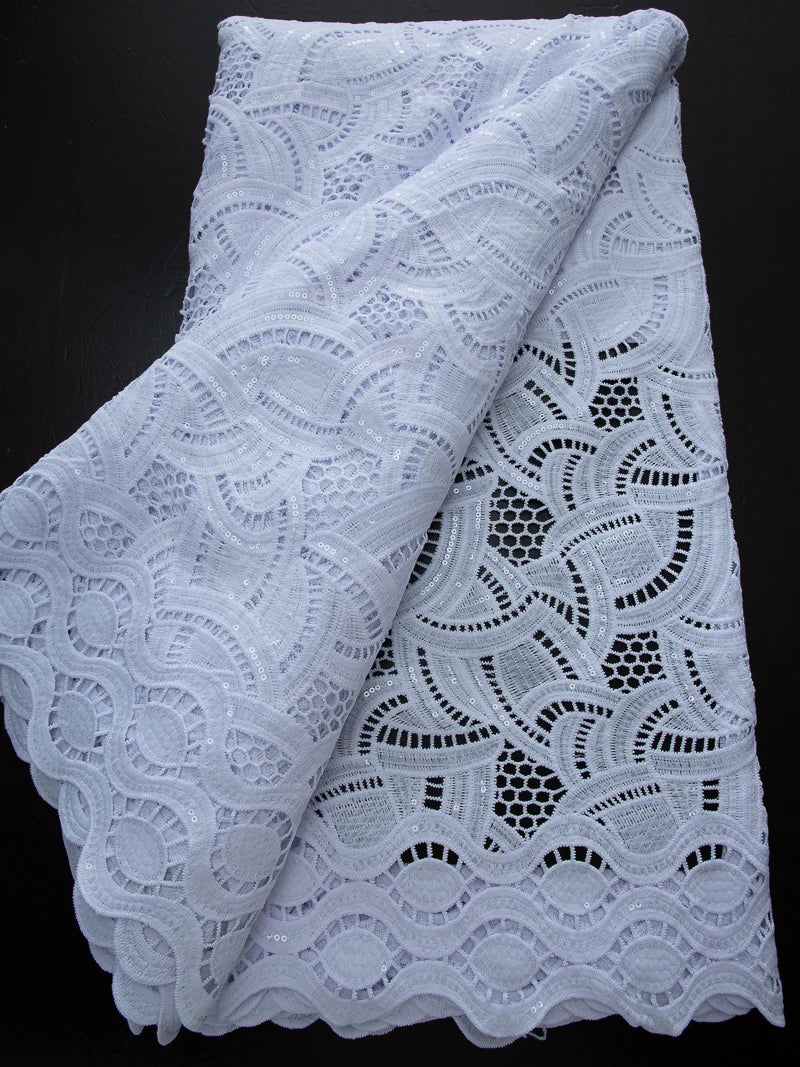Pure White Nigerian Guipure Lace Fabric Water Soluble African Sequin Cord