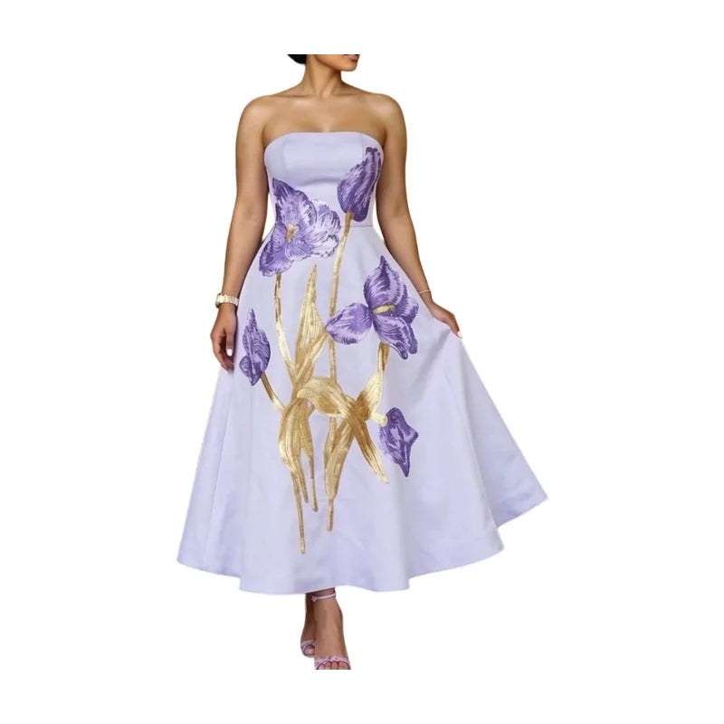 Women's Strapless Printed Flared Midi Dress For Wedding Guest Evening Formal Banquet Elegant Fashion Occasions