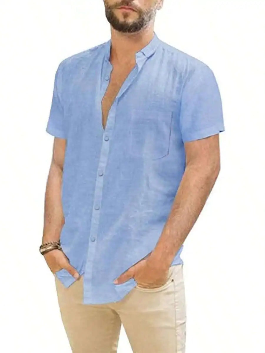 Mens Casual Linen Button Down Short Sleeve Shirt Beach Summer Spread Collar