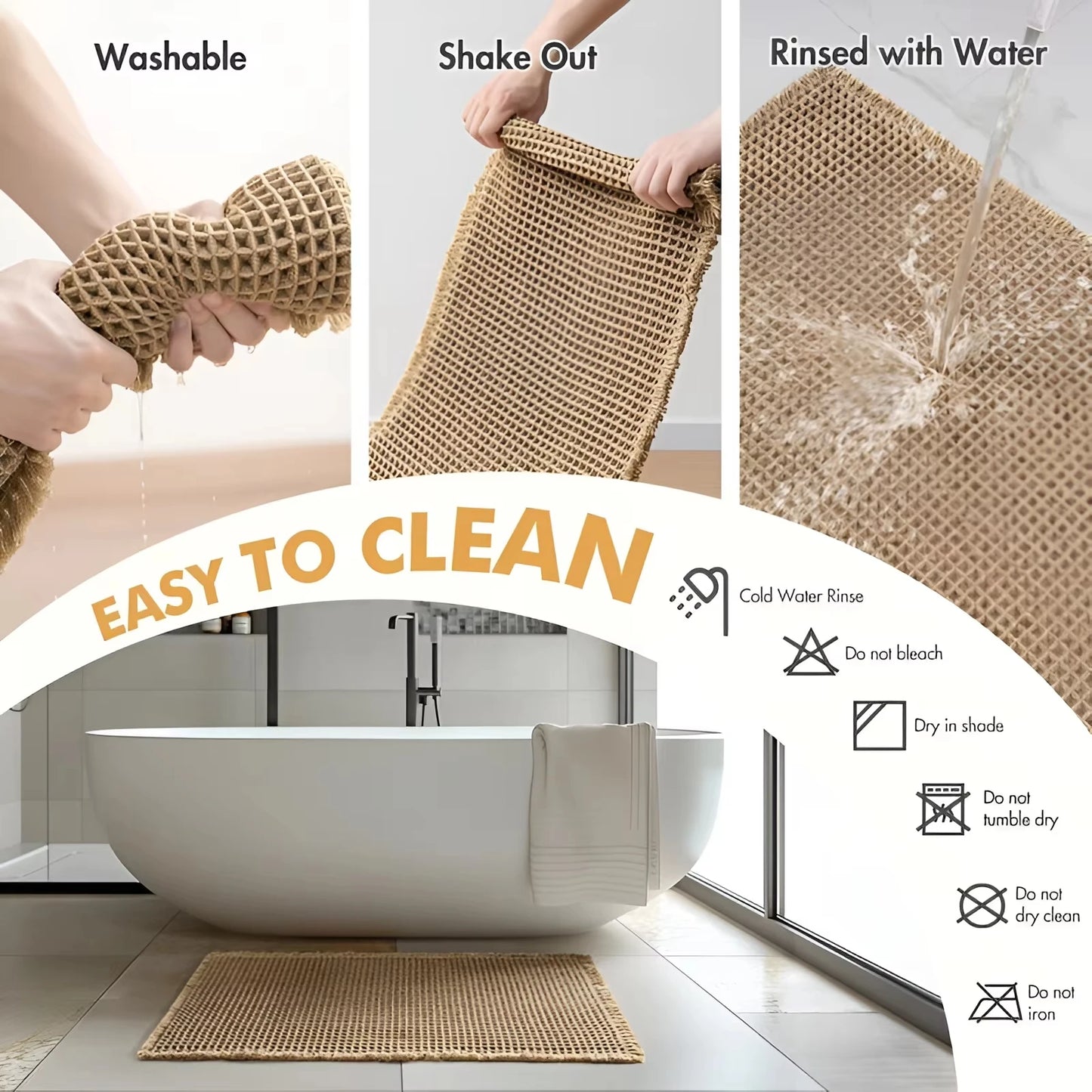 Waffle Bath Mat Boho Non Slip Washable Absorbent Quick Dry