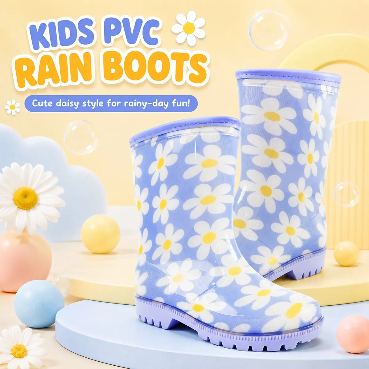 Kids Rain Boots With Fresh Daisy Print, Thickened Anti-slip Sole, Easy to Put On & Take Off, Water Shoes for Baby Outdoor Adventures
