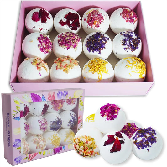 Bath Bombs with Real Dried Flower Petals, 12 Pack Handmade Spa Gift Set for Women, Moisturizing Natural Essential Oil Fizzies