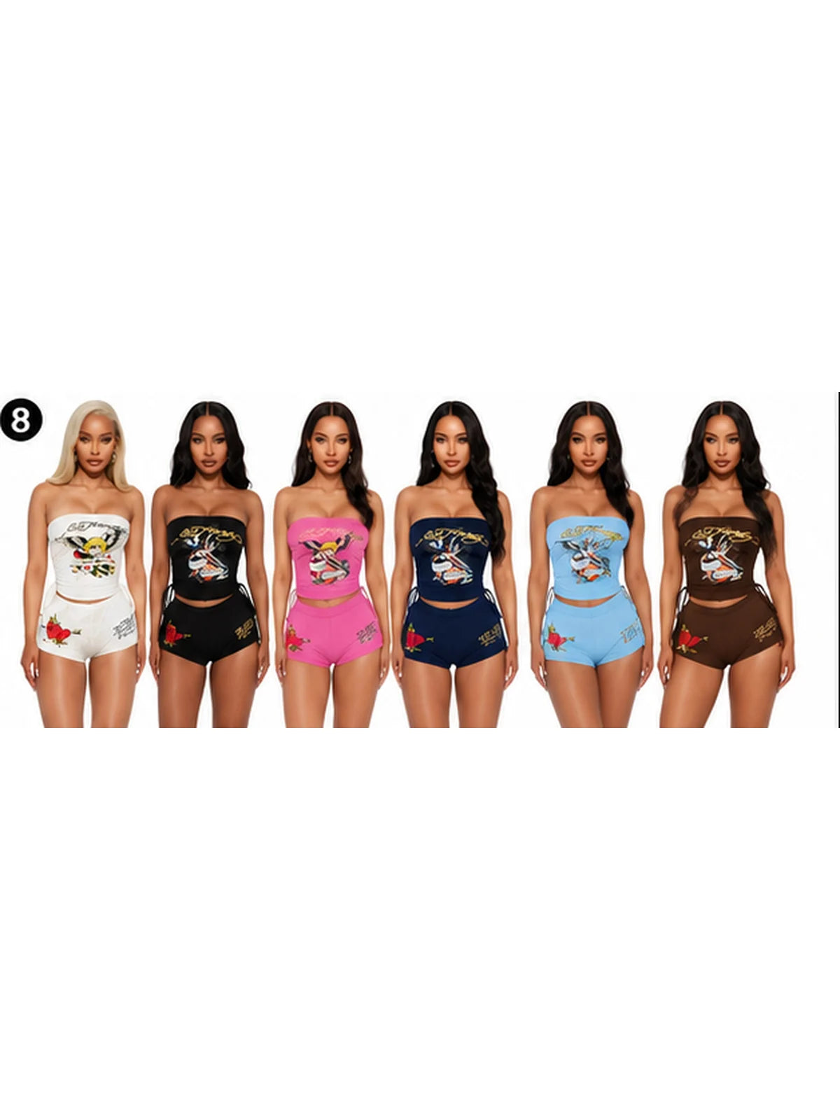 English: Women 2 Piece Y2K Outfits Vintage Tattoo Graphic Strapless Tube Top High Cut Shorts Set Adjustable Drawstring Ruched Crop Top Casual Going Out Tracksuit