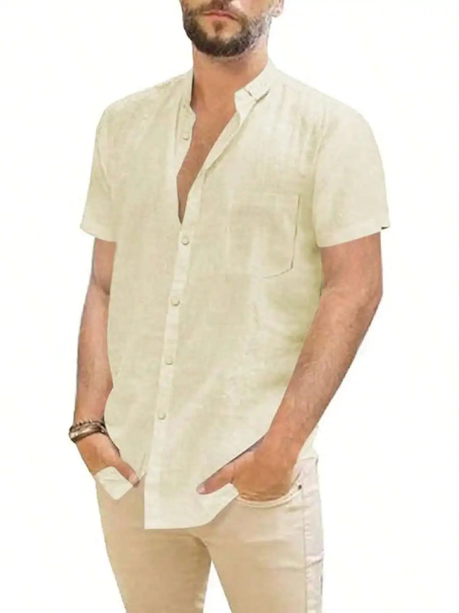Mens Casual Linen Button Down Short Sleeve Shirt Beach Summer Spread Collar