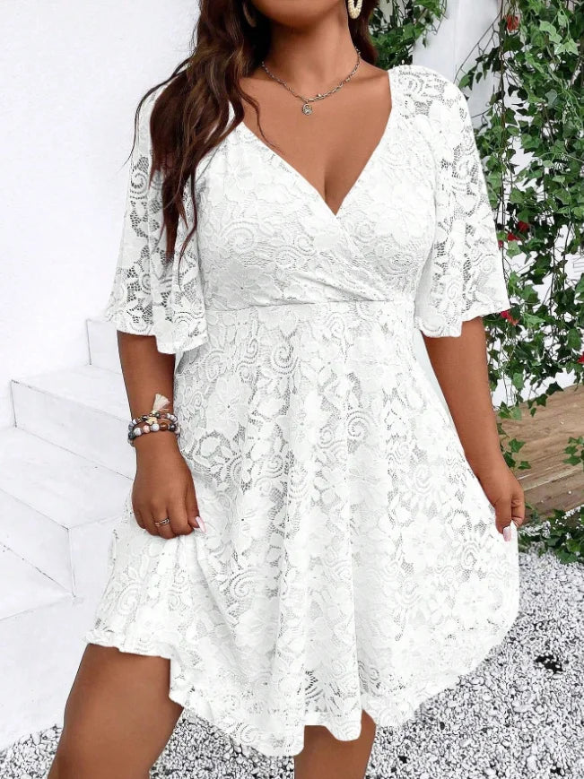 Women Elegant Lace A Line V Neck Mid Sleeve Party Dress