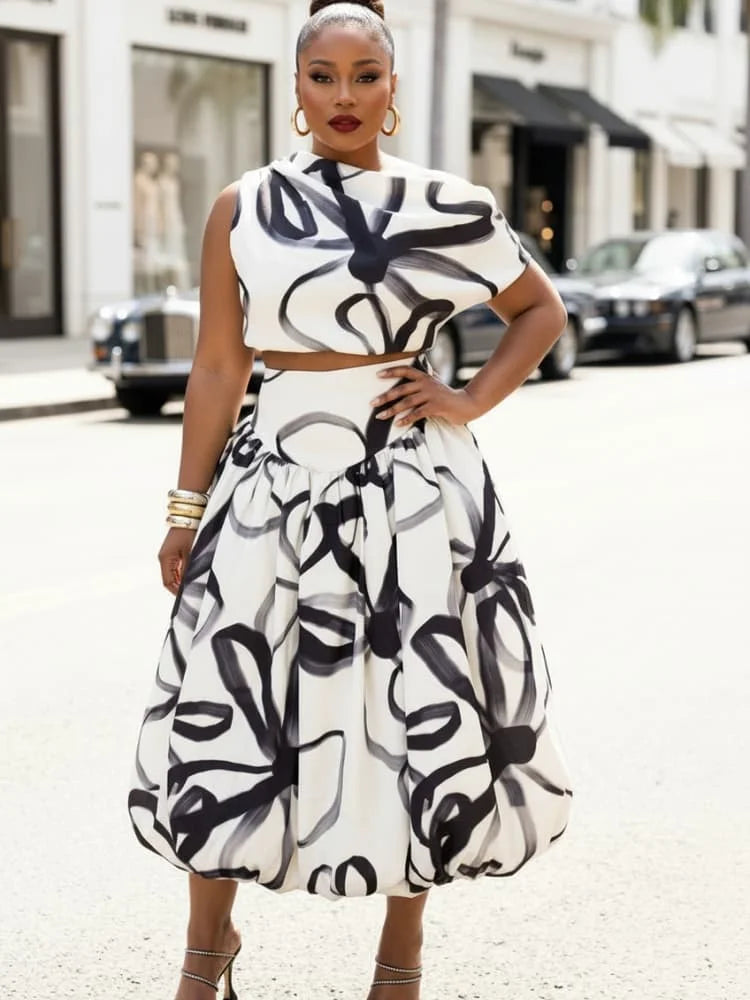 Plus Size Asymmetrical Neck Sleeveless Crop Top + High Waist Bubble Midi Skirt Matching Set For Women Party Fashion Two Piece Outfit