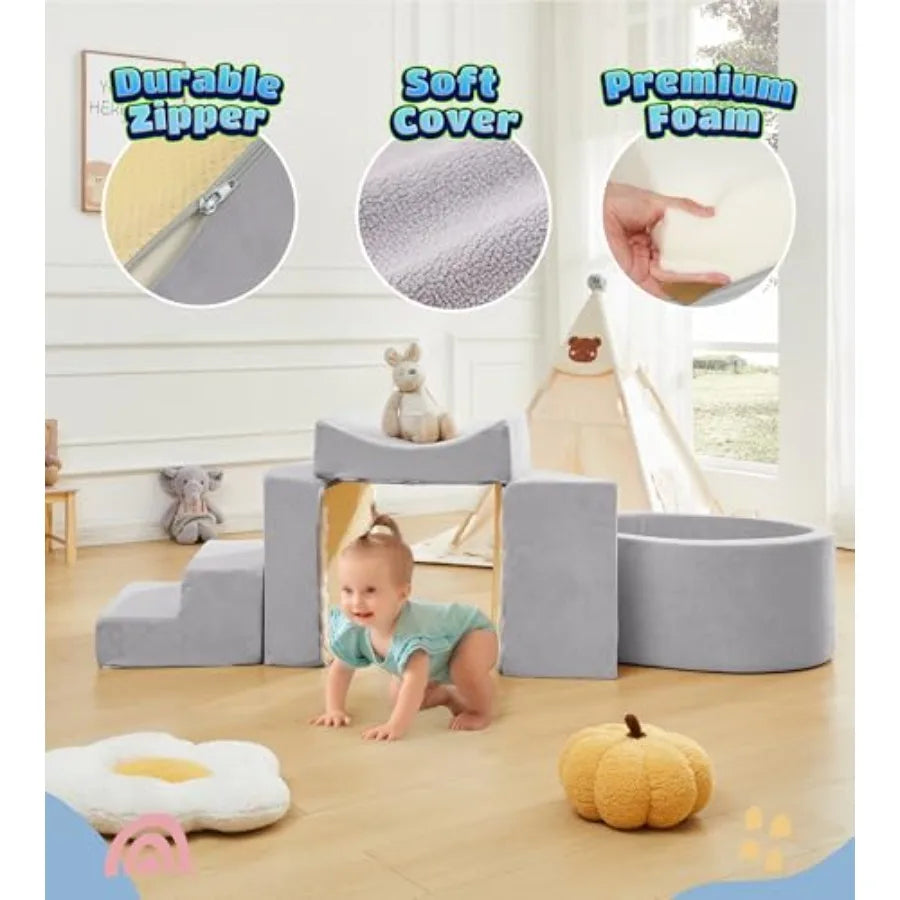 Foam Climbing Blocks with Ball Pit for Toddlers 1-3 Years - Indoor Crawling Active Play Set - Grey